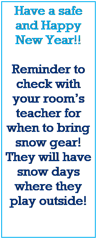 Text Box: Have a safe and Happy New Year!! 
 
Reminder to check with your rooms teacher for when to bring snow gear! They will have snow days where they play outside!
